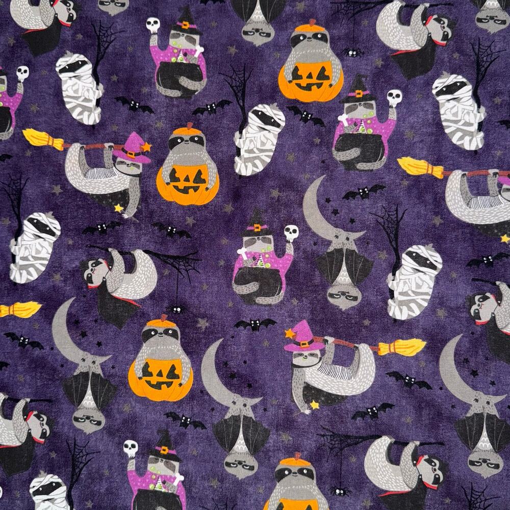 Sloths in Halloween Costumes Cotton Fabric - 1/2 Yard - Witch, Mummy, Pumpkin